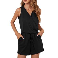 Leezepro Sommer Jumpsuit Damen Elegant V-Ausschnitt Playsuit Casual Overalls Kurz Romper einfarbiges Hosenanzug von Leezepro