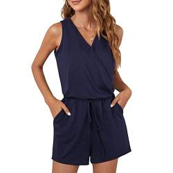 Leezepro Sommer Jumpsuit Damen Elegant V-Ausschnitt Playsuit Casual Overalls Kurz Romper einfarbiges Hosenanzug von Leezepro