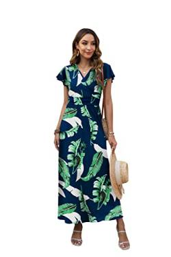 Leezepro Sommer Maxikleid Damen Rüschenärmel Sommerkleid Lang A Linie Maxikleid mit V Ausschnitt Taschen(Blatt,L) von Leezepro