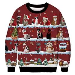 Leezeshaw Herren Frohe Weihnachten Pullover, Unisex Lustige hässliche Weihnachtspullover 3D Xmas Katze Kuh Elf Gedruckt Sweatshirt Pullover Top M-XXL, Xmas Cat06, XL von Leezeshaw