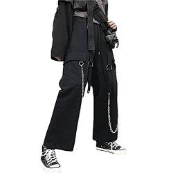 LKHJ Schwarze Ladungshose Männer Streetwear Baumwolle Hip Hop Wide Hose mit Kette Baggy Vintage Punk Harem Hosen Elastische Taille Emo Pants-Schwarz_2XL. von Left Girl