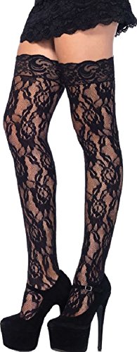 Leg Avenue Damen Halterlose Spitzen Straps Strümpfe Nylon Schwarz Blumenmuster Einheitsgröße 36 bis 40 von LegAve