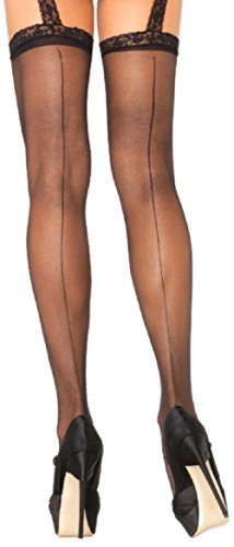 Leg Avenue Damen Strumpfgürtel Strümpfe Nylon 20 DEN Schwarz mit rückwärtiger Naht Spitze mit Blumenmuster Einheitsgröße 36 bis 40 von LegAve