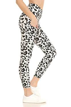 Leggings Depot 7/8-Leggings mit hoher Taille für Damen, Workout, Yogahose mit Taschen, Weiß / Leopardenmuster, Groß von Leggings Depot