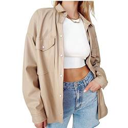 Damen-Lederhemd, PU-Kunstleder-Shirt, Jacke mit Taschen, normale und große Größen, beige, 38 von Legou