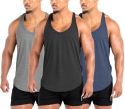 Lehmanlin Herren Fitness Stringer Muskel Tank Top, Gym Workout Achselshirts Y-Back,Bodybuilding Muskelshirts Männer Schnell Trocknend (3Pack:Grau+Schwarz+Blau, 2XL) von Lehmanlin