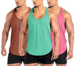 Lehmanlin Herren Fitness Stringer Muskel Tank Top, Gym Workout Achselshirts Y-Back,Bodybuilding Muskelshirts Männer Schnell Trocknend (3Pack:Rosa+Braun+Grün,2XL) von Lehmanlin