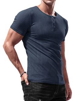 Lehmanlin Herren T-Shirt Knopfkragen,Henley Kurzarm T-Shirt,Freizeit T-Shirt aus Baumwolle mit Kurzen Ärmeln,Slim Fit Sport Muskelshirts (Blau/M) von Lehmanlin