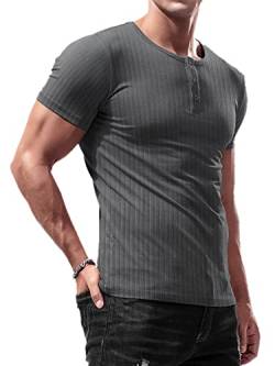 Lehmanlin Herren T-Shirt Knopfkragen,Henley Kurzarm T-Shirt,Freizeit T-Shirt aus Baumwolle mit Kurzen Ärmeln,Slim Fit Sport Muskelshirts (Dunkelgrau/2XL) von Lehmanlin