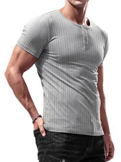 Lehmanlin Herren T-Shirt Knopfkragen,Henley Kurzarm T-Shirt,Freizeit T-Shirt aus Baumwolle mit Kurzen Ärmeln,Slim Fit Sport Muskelshirts (Grau/S) von Lehmanlin