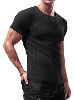 Lehmanlin Herren T-Shirt Knopfkragen,Henley Kurzarm T-Shirt,Freizeit T-Shirt aus Baumwolle mit Kurzen Ärmeln,Slim Fit Sport Muskelshirts (Schwarz/L) von Lehmanlin