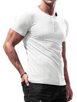 Lehmanlin Herren T-Shirt Knopfkragen,Henley Kurzarm T-Shirt,Freizeit T-Shirt aus Baumwolle mit Kurzen Ärmeln,Slim Fit Sport Muskelshirts (Weiß/L) von Lehmanlin