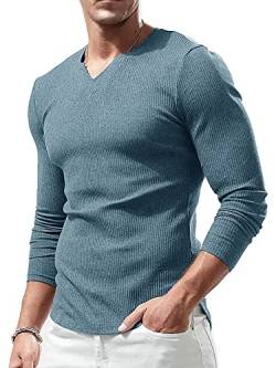 Lehmanlin Langarmshirt Sport T-Shirts für Herren, V-Ausschnitt Stretch, Muskulöse Passform, Lässige Unterwäsche, Thermo Shirt Herren Langarm Leichtgewicht Blau XS von Lehmanlin