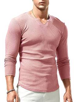 Lehmanlin Langarmshirt Sport T-Shirts für Herren, V-Ausschnitt Stretch, Muskulöse Passform, Lässige Unterwäsche, Thermo Shirt Herren Langarm Leichtgewicht Rosa S von Lehmanlin