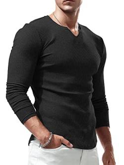 Lehmanlin Langarmshirt Sport T-Shirts für Herren, V-Ausschnitt Stretch, Muskulöse Passform, Lässige Unterwäsche, Thermo Shirt Herren Langarm Leichtgewicht Schwarz 2XL von Lehmanlin