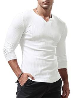 Lehmanlin Langarmshirt Sport T-Shirts für Herren, V-Ausschnitt Stretch, Muskulöse Passform, Lässige Unterwäsche, Thermo Shirt Herren Langarm Leichtgewicht Weiß 2XL von Lehmanlin