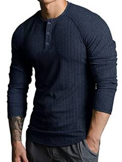 Lehmanlin Langarmshirts für Herren,Henley Longsleeve Langarm Pullover,Baumwolle Gerippt Stoffe,Schmale Passform Thermo Tshirt,Slim Fit Sport Muskelshirts (Blau/2XL) von Lehmanlin