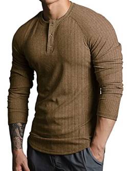 Lehmanlin Langarmshirts für Herren,Henley Longsleeve Langarm Pullover,Baumwolle Gerippt Stoffe,Schmale Passform Thermo Tshirt,Slim Fit Sport Muskelshirts (Braun/2XL) von Lehmanlin