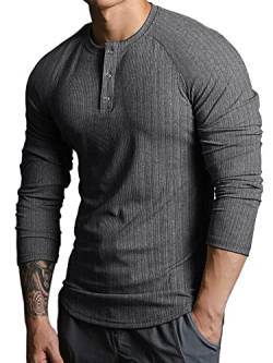 Lehmanlin Langarmshirts für Herren,Henley Longsleeve Langarm Pullover,Baumwolle Gerippt Stoffe,Schmale Passform Thermo Tshirt,Slim Fit Sport Muskelshirts (Dunkelgrau/L) von Lehmanlin