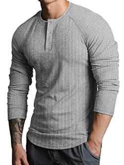 Lehmanlin Langarmshirts für Herren,Henley Longsleeve Langarm Pullover,Baumwolle Gerippt Stoffe,Schmale Passform Thermo Tshirt,Slim Fit Sport Muskelshirts (Grau/2XL) von Lehmanlin