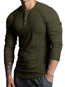 Lehmanlin Langarmshirts für Herren,Henley Longsleeve Langarm Pullover,Baumwolle Gerippt Stoffe,Schmale Passform Thermo Tshirt,Slim Fit Sport Muskelshirts (Grün/2XL) von Lehmanlin