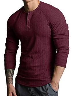 Lehmanlin Langarmshirts für Herren,Henley Longsleeve Langarm Pullover,Baumwolle Gerippt Stoffe,Schmale Passform Thermo Tshirt,Slim Fit Sport Muskelshirts (Rot/XL) von Lehmanlin