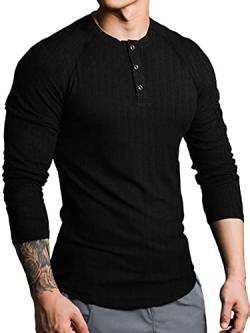 Lehmanlin Langarmshirts für Herren,Henley Longsleeve Langarm Pullover,Baumwolle Gerippt Stoffe,Schmale Passform Thermo Tshirt,Slim Fit Sport Muskelshirts (Schwarz/2XL) von Lehmanlin