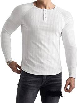 Lehmanlin Langarmshirts für Herren,Henley Longsleeve Langarm Pullover,Baumwolle Gerippt Stoffe,Schmale Passform Thermo Tshirt,Slim Fit Sport Muskelshirts (Weiß/XL) von Lehmanlin