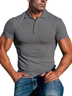 Lehmanlin Muskel-Poloshirts für Herren Kurzarm Stretch Slim Fit Baumwolle Golf T-Shirt (Dunkel grau/L) von Lehmanlin