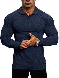 Lehmanlin Muskel-Poloshirts für Herren Langarm Stretch Slim Fit Baumwolle Golf T-Shirt (Blau/L) von Lehmanlin