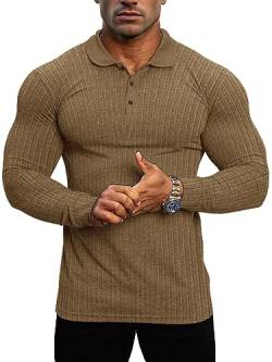 Lehmanlin Muskel-Poloshirts für Herren Langarm Stretch Slim Fit Baumwolle Golf T-Shirt (Braun/M) von Lehmanlin
