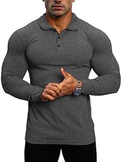 Lehmanlin Muskel-Poloshirts für Herren Langarm Stretch Slim Fit Baumwolle Golf T-Shirt (Dunkel grau/L) von Lehmanlin