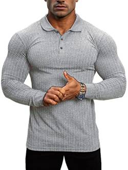Lehmanlin Muskel-Poloshirts für Herren Langarm Stretch Slim Fit Baumwolle Golf T-Shirt (Grau/2XL) von Lehmanlin