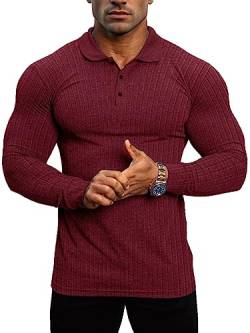 Lehmanlin Muskel-Poloshirts für Herren Langarm Stretch Slim Fit Baumwolle Golf T-Shirt (Rot/2XL) von Lehmanlin