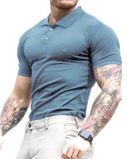 Lehmanlin Poloshirt Herren, T Shirts Männer, Hemd Herren Kurzarm Geripptes Elastizität T-Shirt Sommer Slim Fit Golf Sports (Blau/L) von Lehmanlin