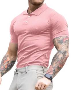 Lehmanlin Poloshirt Herren, T Shirts Männer, Hemd Herren Kurzarm Geripptes Elastizität T-Shirt Sommer Slim Fit Golf Sports (Rosa/S) von Lehmanlin