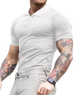Lehmanlin Poloshirt Herren, T Shirts Männer, Hemd Herren Kurzarm Geripptes Elastizität T-Shirt Sommer Slim Fit Golf Sports (Weiß/XL) von Lehmanlin