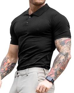 Lehmanlin Poloshirt Herren, T Shirts Männer, Hemd Herren Kurzarm Geripptes Elastizität T-Shirt Sommer Slim Fit Golf Sports (schwarz/XS) von Lehmanlin