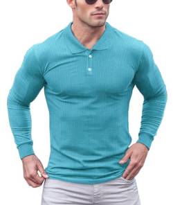 Lehmanlin Poloshirt Herren Langarm Geripptes T Shirts Männer Hemd Herren Elastizität Slim Fit Casual Golf Tops(Blau/L) von Lehmanlin