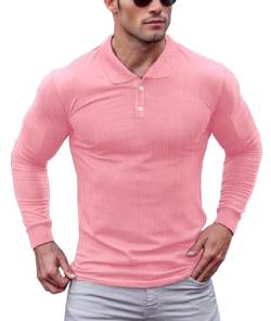 Lehmanlin Poloshirt Herren Langarm Geripptes T Shirts Männer Hemd Herren Elastizität Slim Fit Casual Golf Tops(Rosa/M) von Lehmanlin