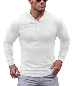 Lehmanlin Poloshirt Herren Langarm Geripptes T Shirts Männer Hemd Herren Elastizität Slim Fit Casual Golf Tops(Weiß/L) von Lehmanlin