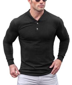 Lehmanlin Poloshirt Herren Langarm Geripptes T Shirts Männer Hemd Herren Elastizität Slim Fit Casual Golf Tops(schwarz/M) von Lehmanlin