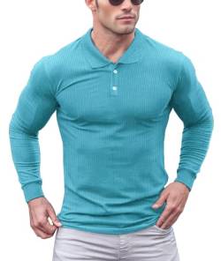 Lehmanlin Poloshirt Herren Langarm Geripptes T Shirts Männer Hemd Herren Elastizität Slim Fit Casual Golf Tops (Blau/S) von Lehmanlin