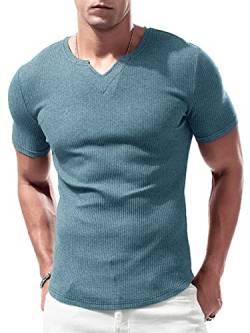 Lehmanlin Sport T-Shirts für Herren, V-Ausschnitt, Stretch, Muskulöse Passform, Lässige Unterwäsche, Thermo Shirt Herren Kurzarm Leichtgewicht Blau M von Lehmanlin