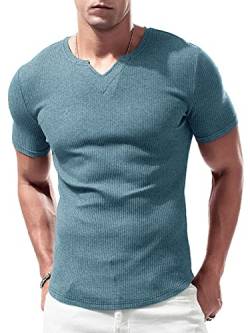 Lehmanlin Sport T-Shirts für Herren, V-Ausschnitt, Stretch, Muskulöse Passform, Lässige Unterwäsche, Thermo Shirt Herren Kurzarm Leichtgewicht Blau S von Lehmanlin