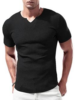 Lehmanlin Sport T-Shirts für Herren, V-Ausschnitt, Stretch, Muskulöse Passform, Lässige Unterwäsche, Thermo Shirt Herren Kurzarm Leichtgewicht Schwarz S von Lehmanlin