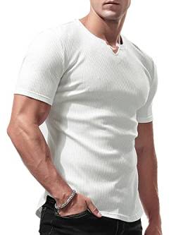Lehmanlin Sport T-Shirts für Herren, V-Ausschnitt, Stretch, Muskulöse Passform, Lässige Unterwäsche, Thermo Shirt Herren Kurzarm Leichtgewicht Weiß S von Lehmanlin