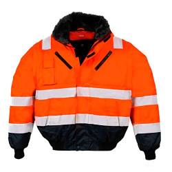 LeiKaTex Warnschutz-Pilotenjacke Winter gefüttert 4 in 1 Funktion mit Kapuze, Winddicht & Wasserabweisend für Herren und Damen (S, Warnorange/Marine) von LeiKaTex