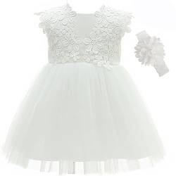 Leideur Baby Mädchen Weiß Taufkleid mit Haube Neugeborenen Taufe Kleid Spitzenkleid für Hochzeit Geburtstag (Weiß 2, 12M) von Leideur