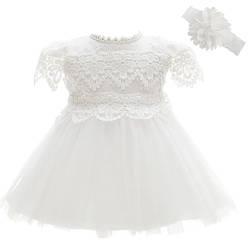 Leideur Baby Mädchen Weiß Taufkleid mit Haube Neugeborenen Taufe Kleid Spitzenkleid für Hochzeit Geburtstag (Weiß 5, 12M) von Leideur